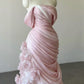 Pink Gorgeous Exquisite Floral Long Pleated Tulle Floor-Length Train Ball Gown Evening Gown Wedding Dress gh3271