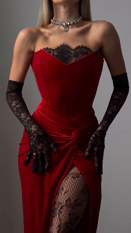 girlhomeshops-Sexy Red Lace Slit Dress gh6225