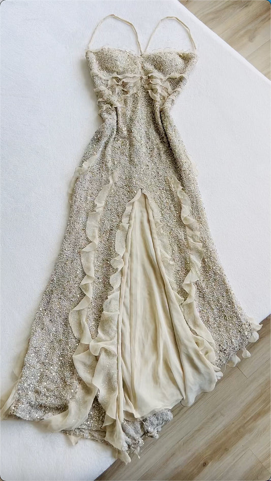 Robe de soirée luxueuse, blanche ivoire, brillante, magnifique, mode exquise, perles, longue, longueur cheville, paillettes, mousseline de soie, à volants, robe de bal, robe de soirée, robe de bal gh3776