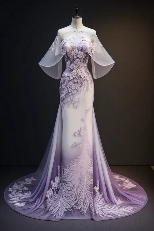 Robe de soirée trapèze longue en tulle violet, élégante et rétro, avec des appliques florales, longueur au sol, gh3698