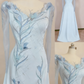 Robe de soirée bleu clair en satin transparent, manches longues, ornée de perles et de fleurs, longueur au sol gh6389