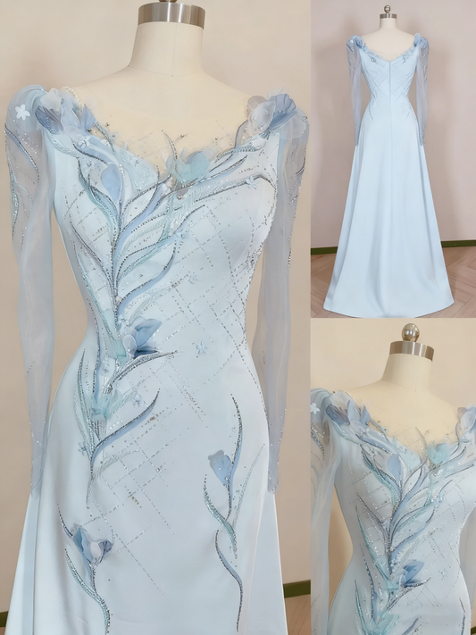 Robe de soirée bleu clair en satin transparent, manches longues, ornée de perles et de fleurs, longueur au sol gh6389
