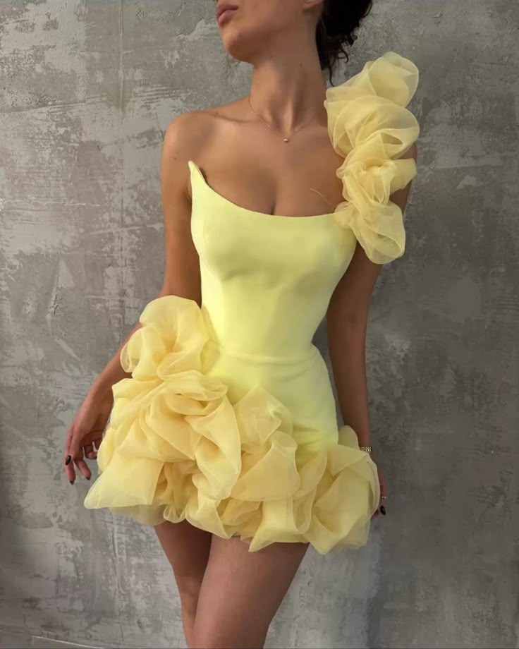 Girlhomeshops-Yellow one-shoulder fashion sweet bud skirt short chiffon homecoming dress birthday dress gh5269