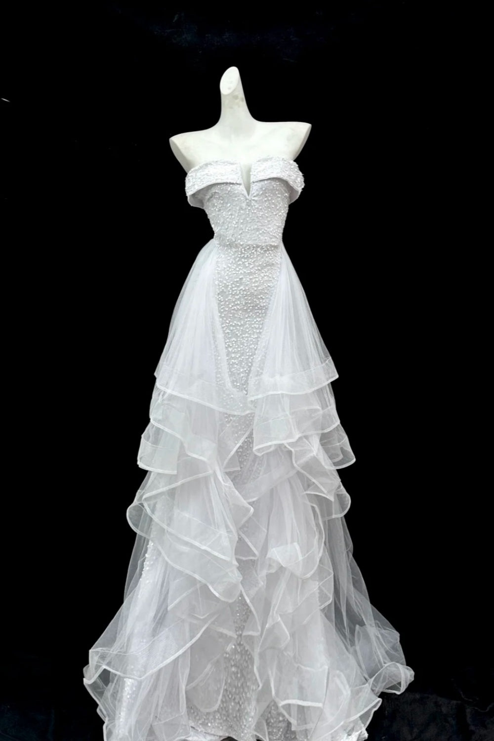 Girlhomeshops – Weißes, schimmerndes, langes, gerüschtes Tüll-Brautkleid, Ballkleid gh5473