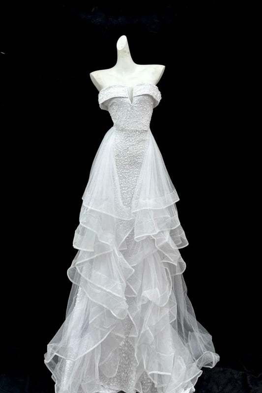 Girlhomeshops – Weißes, schimmerndes, langes, gerüschtes Tüll-Brautkleid, Ballkleid gh5473