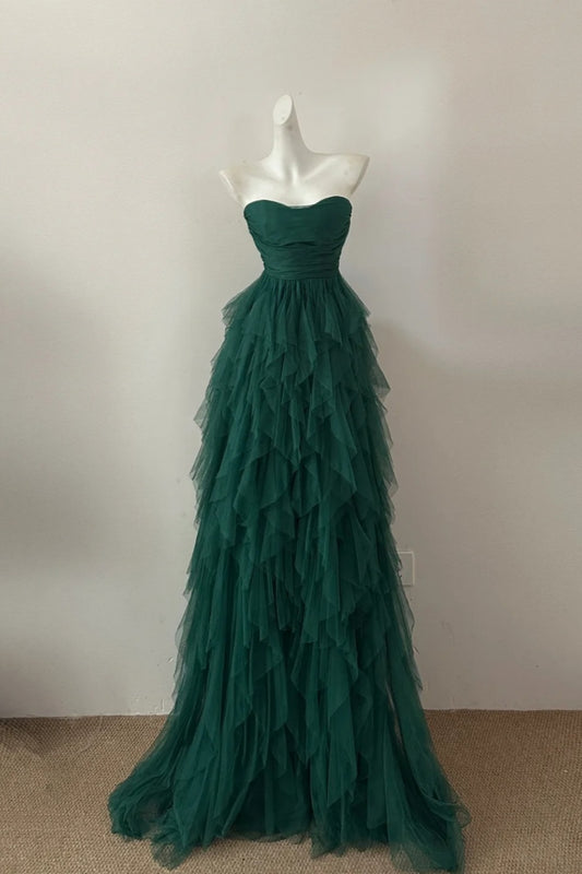 Girlhomeshops – Grünes, modisches, langes Ballkleid mit Rüschen aus Tüll, gh5474