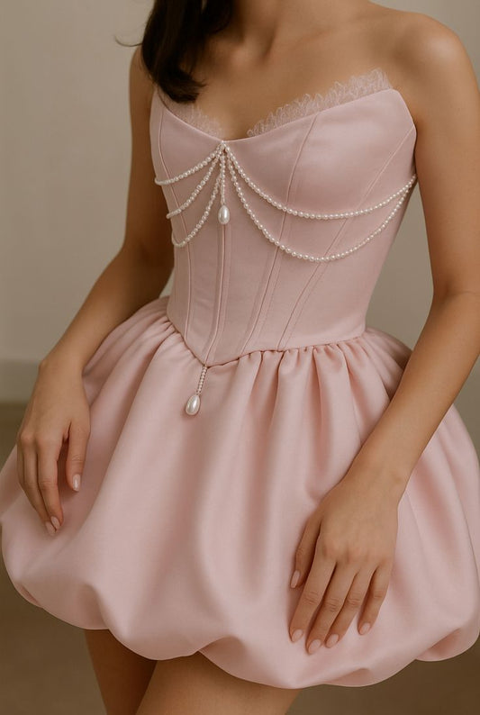 Girlhomeshops--Pink Exquisite Beaded Short Satin Homecoming Dress Birthday Party Dress gh5464