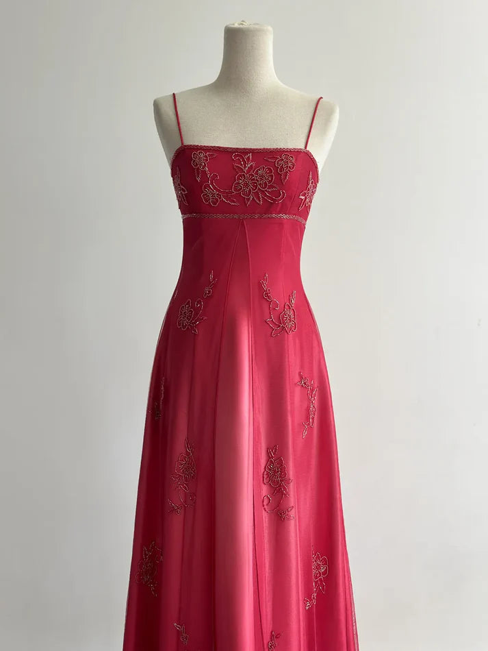 Robe de soirée longue en tulle, élégante et élégante, avec broderies et perles, bretelles spaghetti, rouge, gh3576