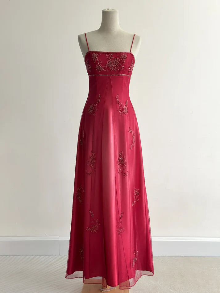 Robe de soirée longue en tulle, élégante et élégante, avec broderies et perles, bretelles spaghetti, rouge, gh3576