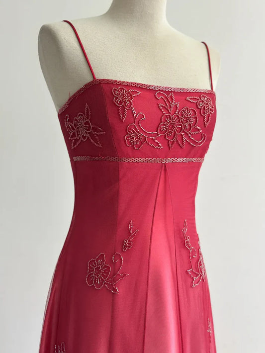 Robe de soirée longue en tulle, élégante et élégante, avec broderies et perles, bretelles spaghetti, rouge, gh3576
