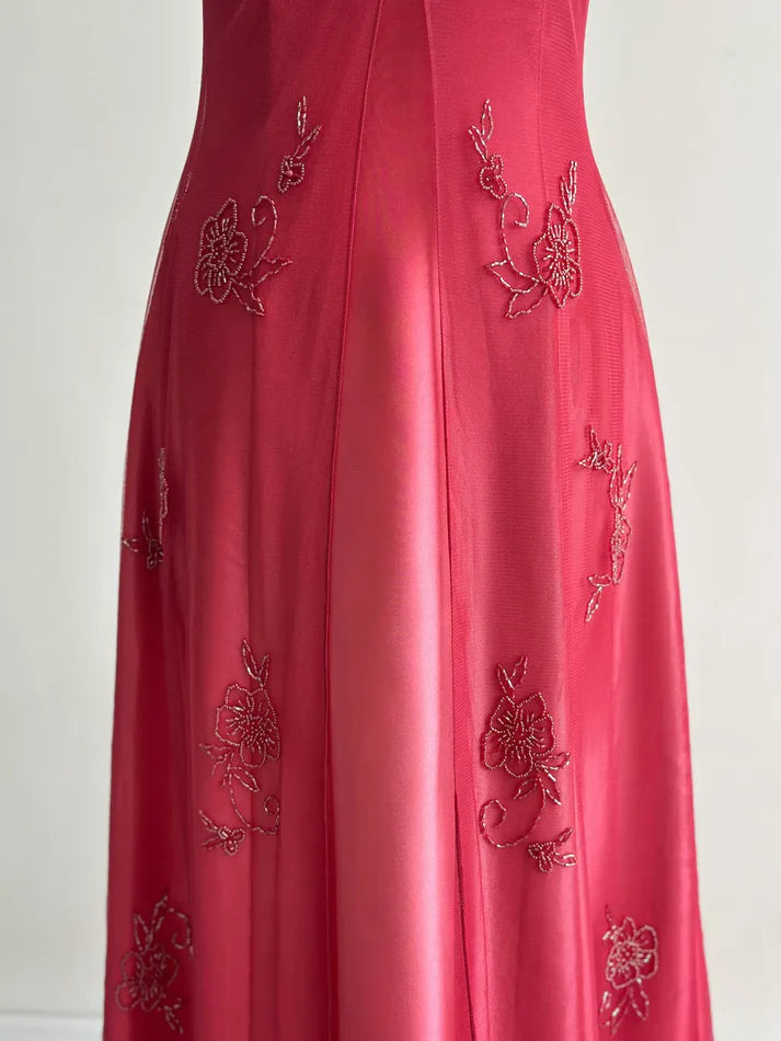 Robe de soirée longue en tulle, élégante et élégante, avec broderies et perles, bretelles spaghetti, rouge, gh3576