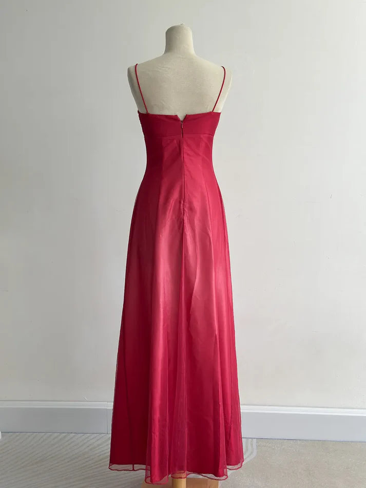 Robe de soirée longue en tulle, élégante et élégante, avec broderies et perles, bretelles spaghetti, rouge, gh3576