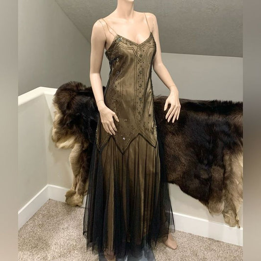 Golden Brown Vintage Fashion Elegant Exquisite Beading Long Chiffon Satin Tulle Ball Gown Evening Dress Party Dress Prom Dress gh3723
