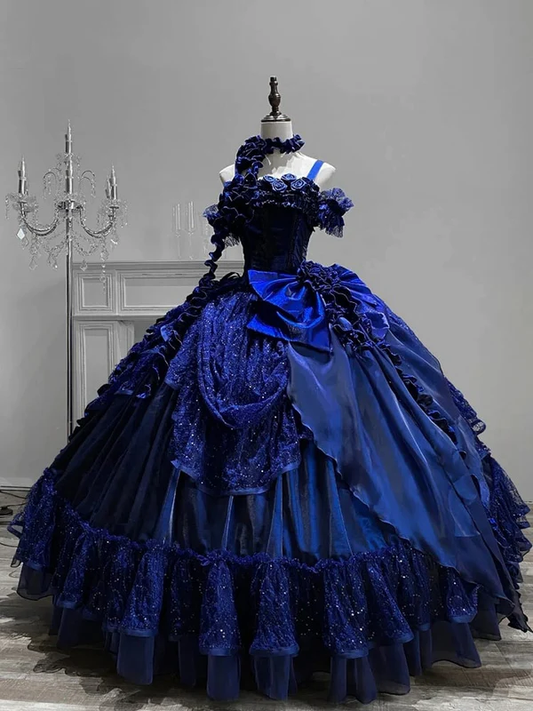 Royal gorgeous blue Shiny retro elegant fashion exquisite floral long satin ball gown evening dress adult ceremony dress graduation dress gh3625