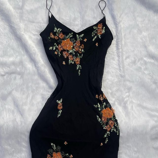 Black shiny elegant spaghetti straps orange floral beading slim fit long mermaid chiffon ball gown evening dress gh3361