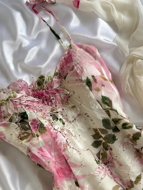 Rosa Wunderschönes leichtes zartes florales Spaghettiträger langes Chiffon Ballkleid Abendkleid Partykleid gh3337