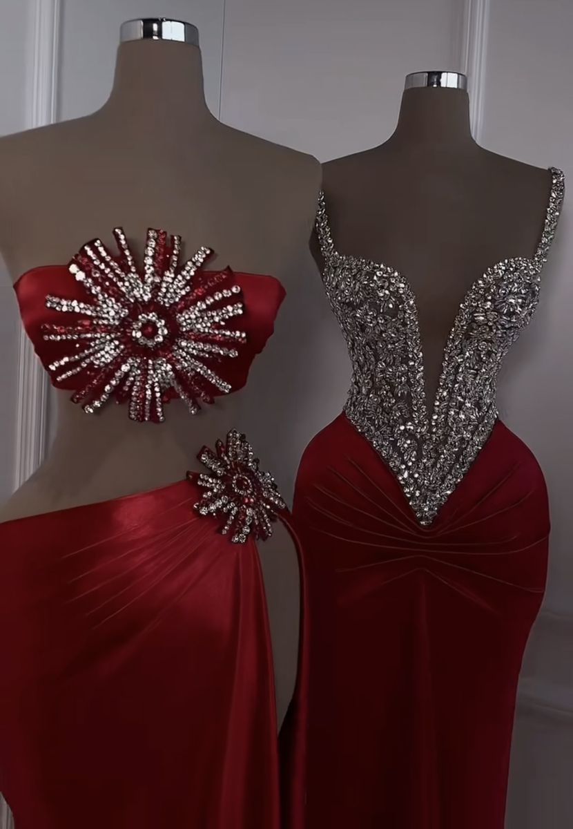Girlhomeshops-Red beaded dress sexy elegant dress prom dresses party dress satin gh5143