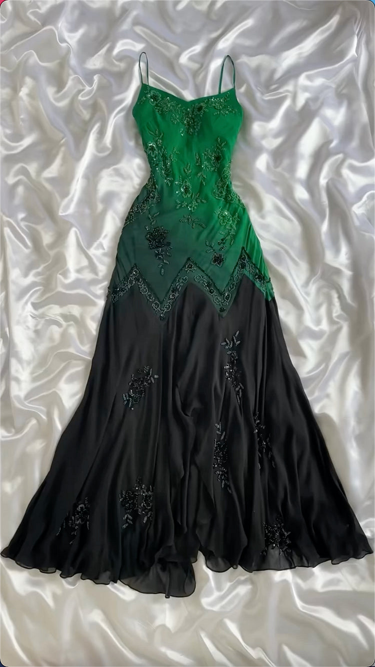 Green shiny fashion exquisite beading spaghetti straps long chiffon ball gown evening dress party dress gh3404