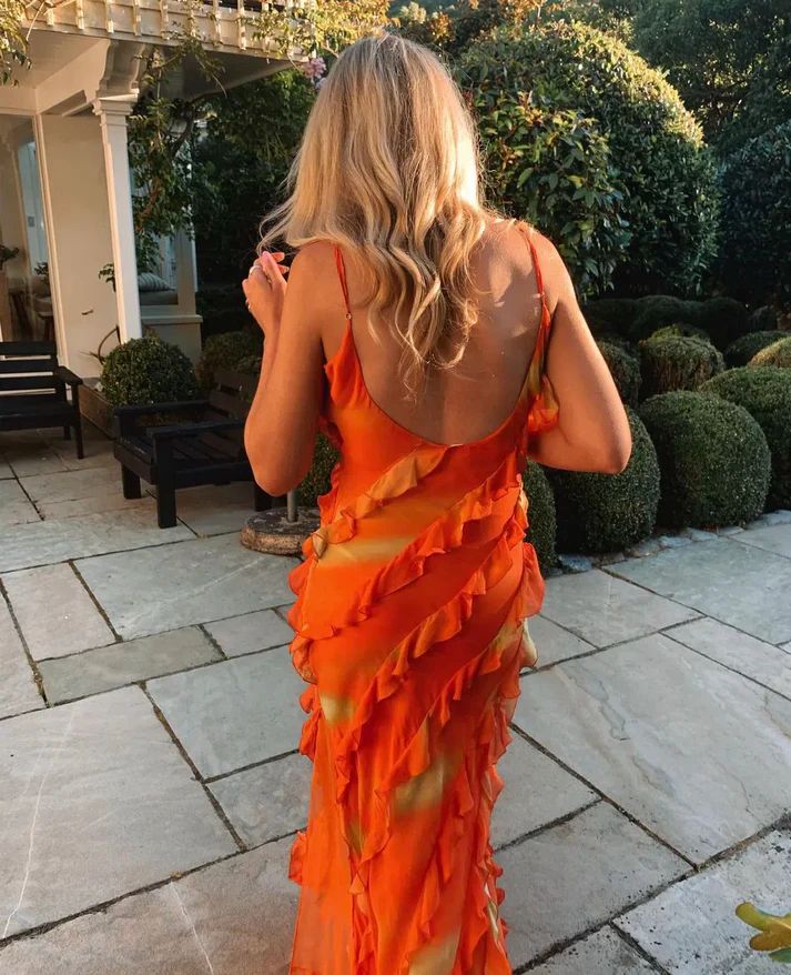 Orange Spaghetti Strap Sexy Ruffle Hem Mermaid Long Party Dress Wedding Guest Dress Ball Gown Irregular Bodycon Evening Dress gh3036