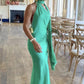 Green simple and elegant lace-up halter neck backless slit long slim satin banquet dress evening dress ball gown wedding guest dress gh3086