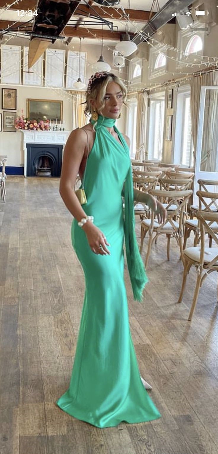 Green simple and elegant lace-up halter neck backless slit long slim satin banquet dress evening dress ball gown wedding guest dress gh3086