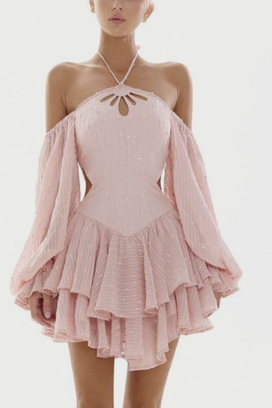 Girlhomeshops - Robe de soirée courte rose à manches longues et volants en mousseline de soie (gh5334)