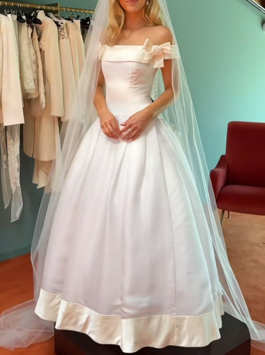 girlhomeshops-White Long Tulle Satin Short-Sleeved Ball Gown/Wedding Dress/Bridal Gown gh6272