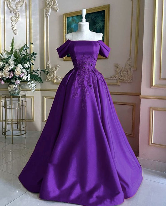 Purple Gorgeous Exquisite Beaded Strapless Long Satin Ball Gown Evening Dress gh3219