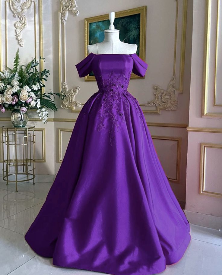 Purple Fashion Elegant Exquisite Beaded Long Satin Ball Gown Evening Dress gh3423