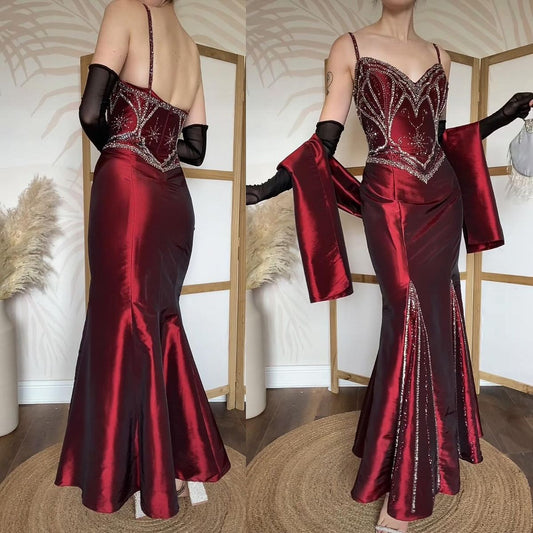 girlhomeshops- Red exquisitely beaded vintage-style elegant long gown gh6195