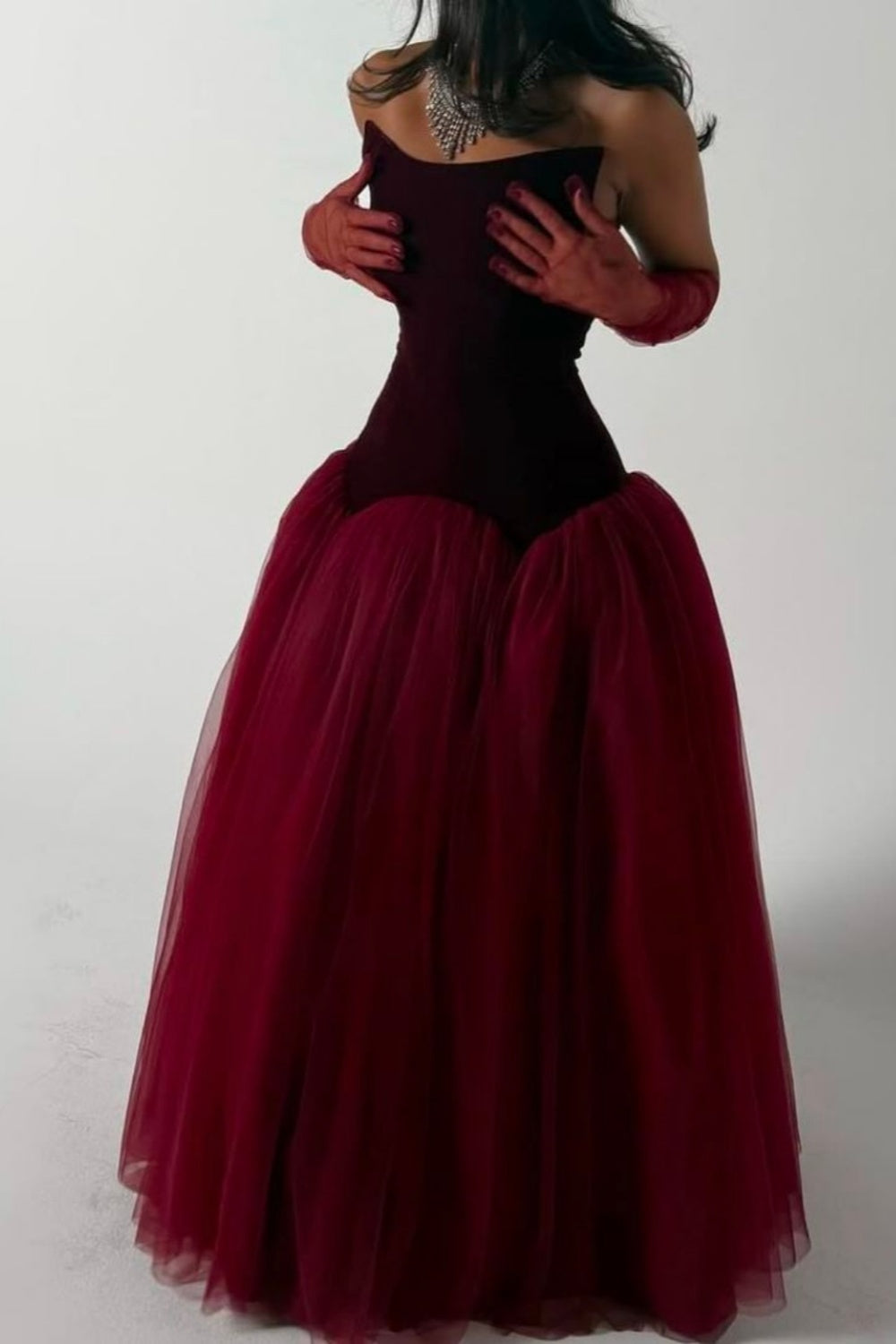 Sleeveless Burgundy Velvet & Tulle Ball Gown | Luxury Elegant Paneled Floor-Length Dress for Gala Ball gh6473