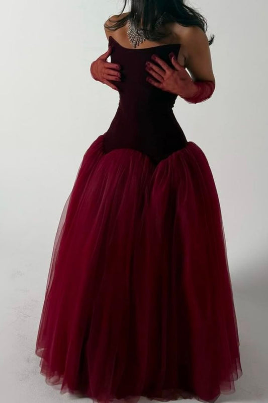 Sleeveless Burgundy Velvet & Tulle Ball Gown | Luxury Elegant Paneled Floor-Length Dress for Gala Ball gh6473