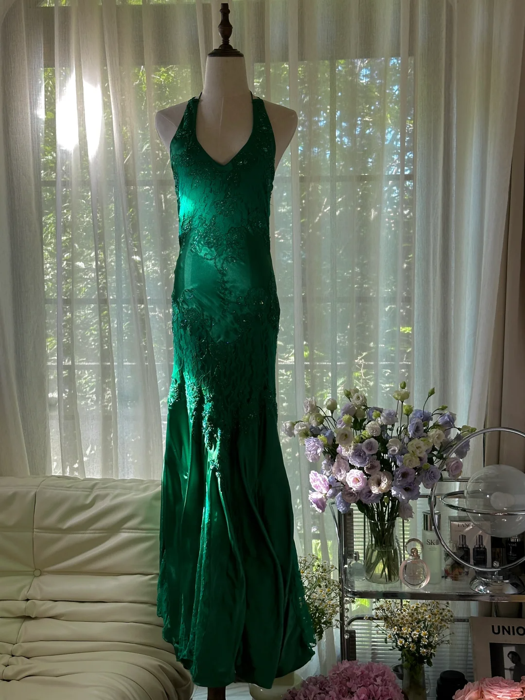 Grün, wunderschön glänzend, modisch, elegant, zarte Spitze, Perlenbesatz, lang, Satin-Chiffon, Ballkleid, Abendkleid für Geburtstage/Hochzeitsgäste/Urlaubspartys, Ballkleid, Valentinstags-Date-Kleid, gh4037
