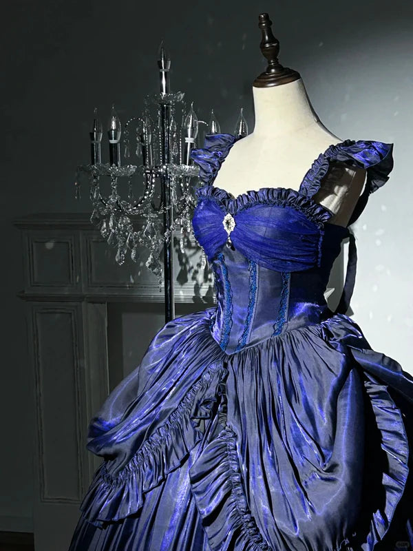 Robe de soirée longue en satin bleu clair/violet/bleu foncé, élégante et mystérieuse, style vintage, longueur au sol, gh4250