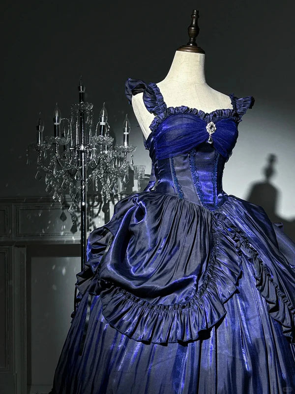 Robe de soirée longue en satin bleu clair/violet/bleu foncé, élégante et mystérieuse, style vintage, longueur au sol, gh4250