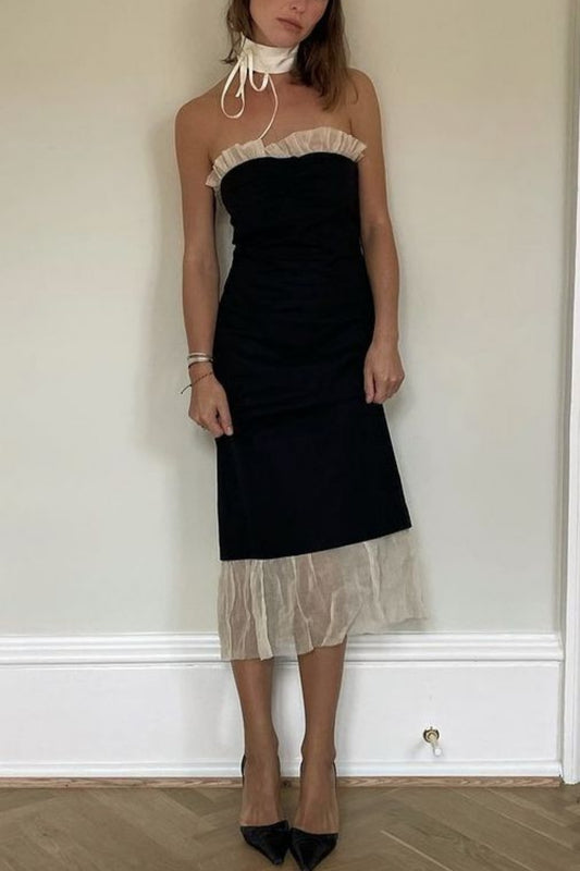 Elegantes, trägerloses Neckholderkleid im Vintage-Stil | Schwarzes und aprikosenfarbenes Tüll-Midikleid mit Rüschen – perfekt für Dates und glamouröse Partys (gh6442)