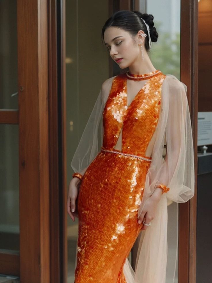 Robe de soirée élégante à manches longues en tulle et paillettes, magnifique, orange, brillante, sirène, slim, robe de bal, robe de soirée gh3386