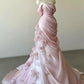 Pink Gorgeous Exquisite Floral Long Pleated Tulle Floor-Length Train Ball Gown Evening Gown Wedding Dress gh3271
