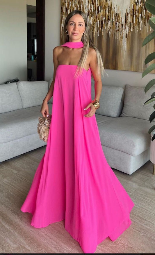 Robe de soirée longue en mousseline de soie rose à la mode avec ruban gh3357