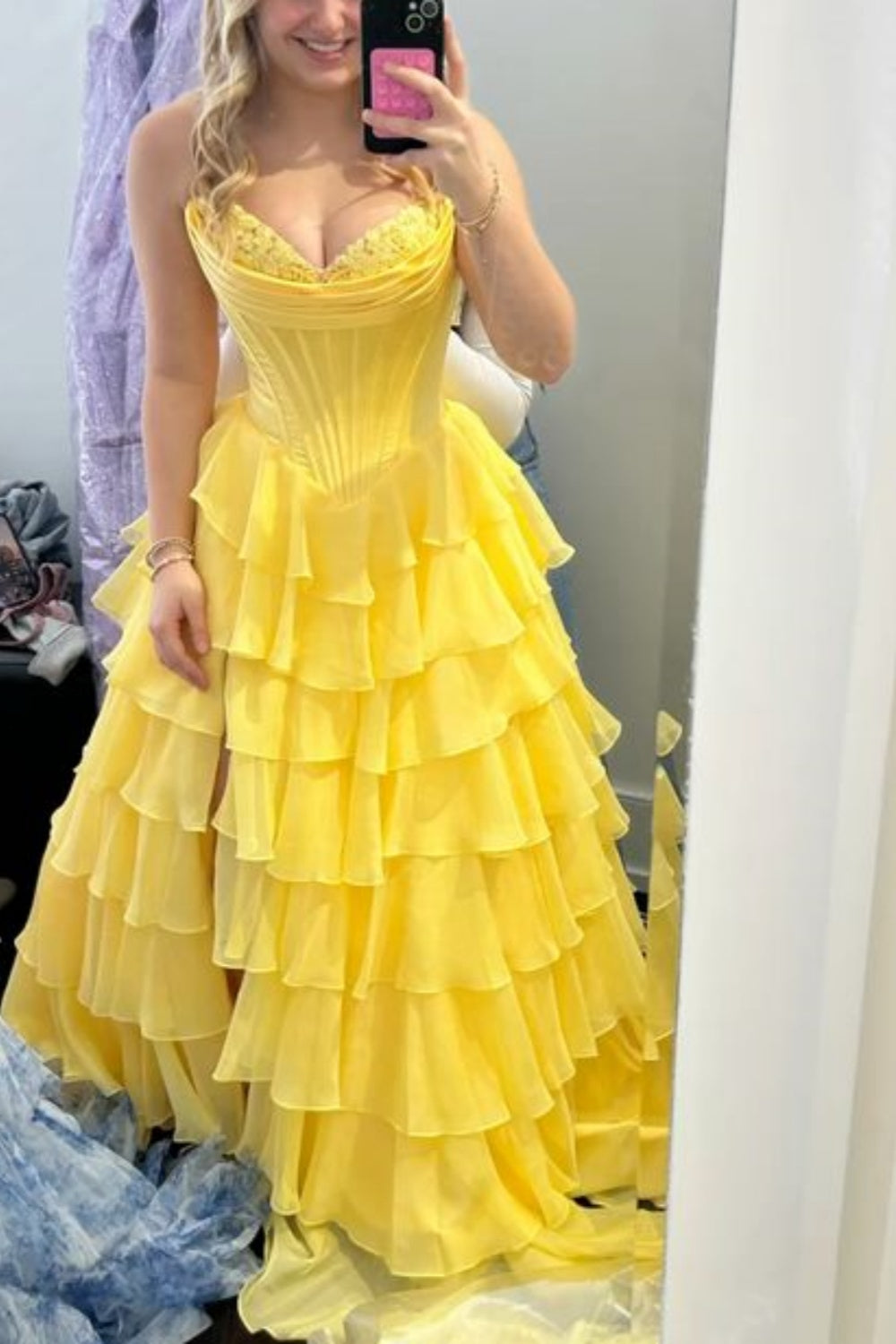 girlhomeshops-Gelbes, elegantes, langes Ballkleid aus Tüll, gh5872