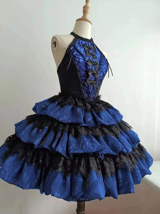 Blue Black Lace Short Ruffle Homecoming Dress Prom Dress Birthday Dress gh4925
