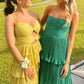 Yellow stylish elegant spaghetti straps long satin tiered ball gown formal evening dress party dress gh3655