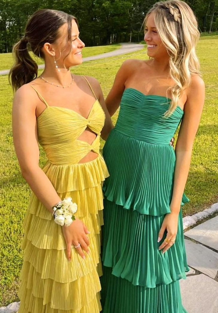 Yellow stylish elegant spaghetti straps long satin tiered ball gown formal evening dress party dress gh3655