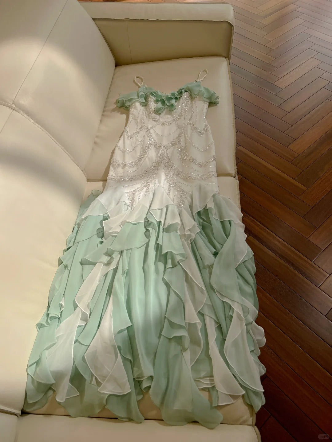 Robe de soirée longue en mousseline de soie vert menthe, ornée de perles, pour anniversaire, gh4407