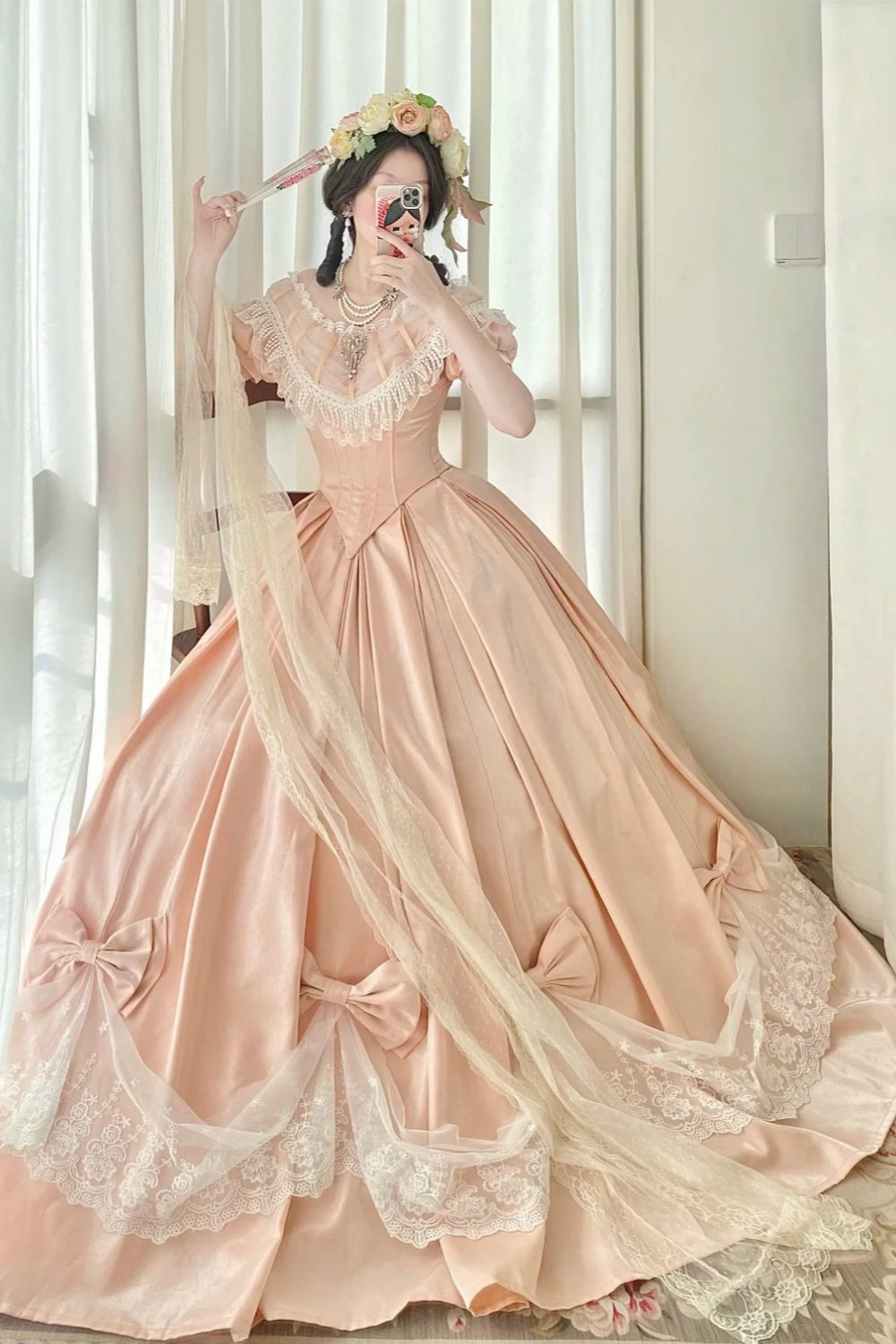 Peach Pink Satin Off-the-shoulder Lolita Victorian Ball Gown: Satin Fabric, Lace Bow Trim, Retro Ballgown Silhouette, Tea Party Formal Dress gh6735