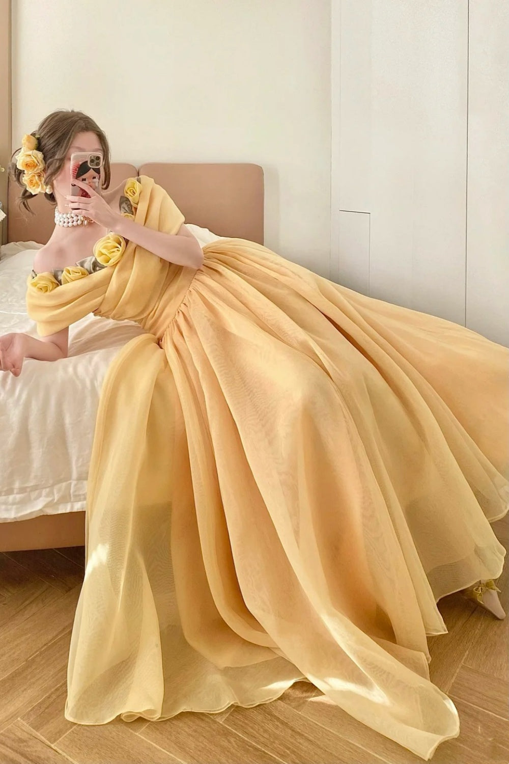 Cream Yellow Organza Off-the-shoulder Floor-length Ballgown 3D Rose Victorian Evening Dress gh6736