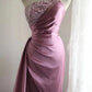 Robe longue élégante en satin rose à perles gh6644