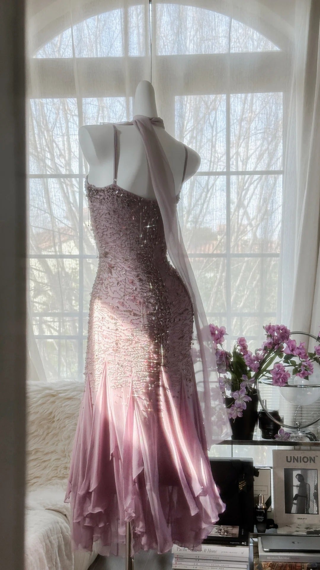 Rosa Lila Elegant Romantisch Exquisite Perlen Langes Chiffon Ballkleid Abendkleid Geburtstags-/Hochzeitsgast-/Urlaubspartykleid Ballkleid gh4021