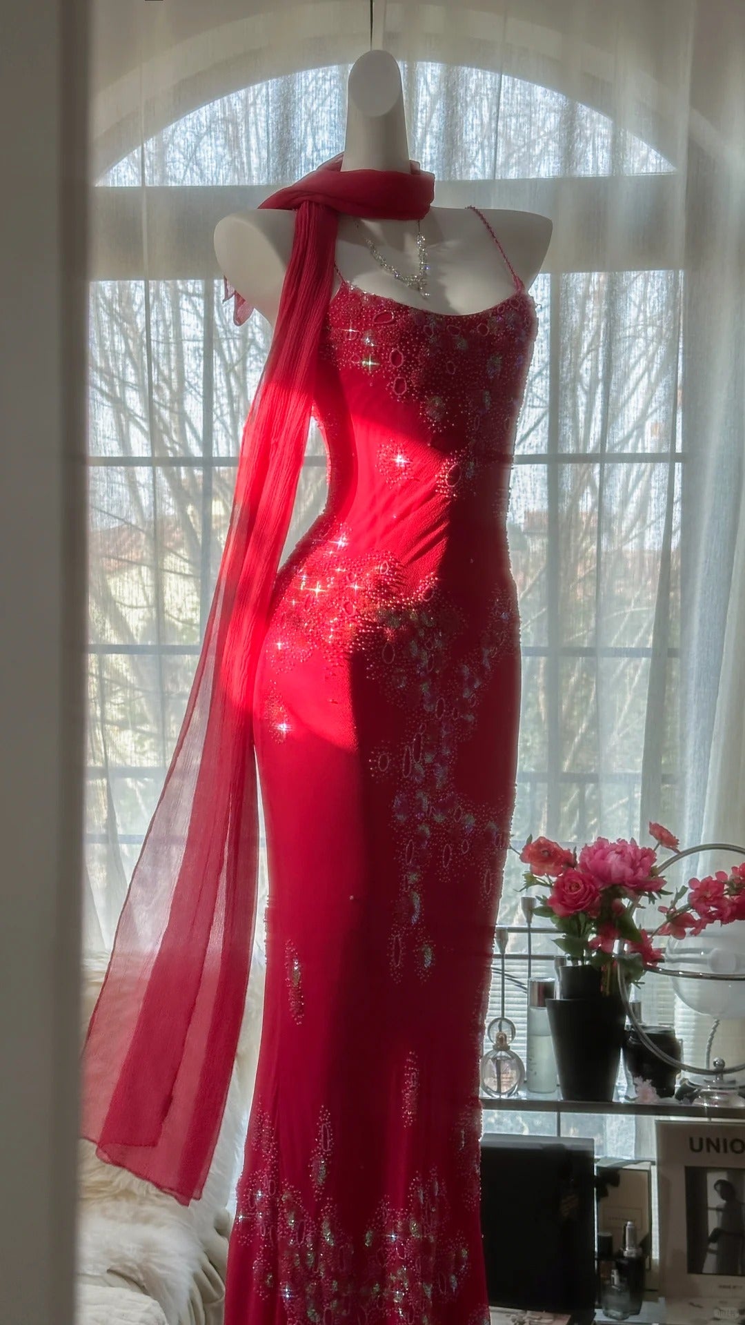 Red Romantic Gorgeous Fashion Elegant Exquisite Beaded Long Chiffon Ball Gown Evening Dress Birthday/Wedding Guest/Vacation Party Dress Prom Dress Valentine's Day Date Dress gh4027