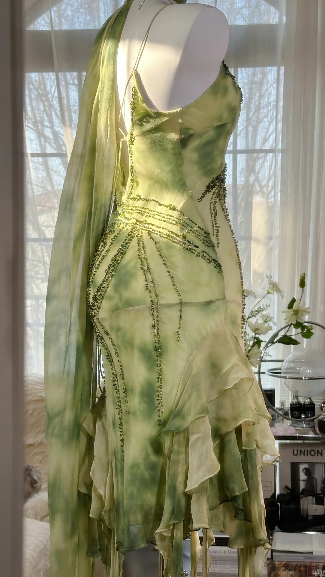 Green Romantic Elegant Exquisite Beaded Backless Long Chiffon Ruffle Homecoming Dress Prom Dress Evening Dress Birthday Vacation Party Dress gh4008
